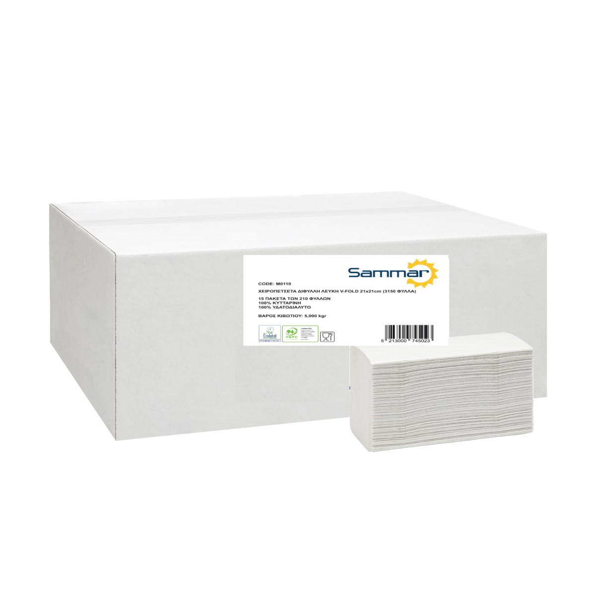 M0110 Χειροπετσέτα 2Φυλλη Λευκή V-FOLD 24Χ21cm (3000 Φύλλα) - Image 1
